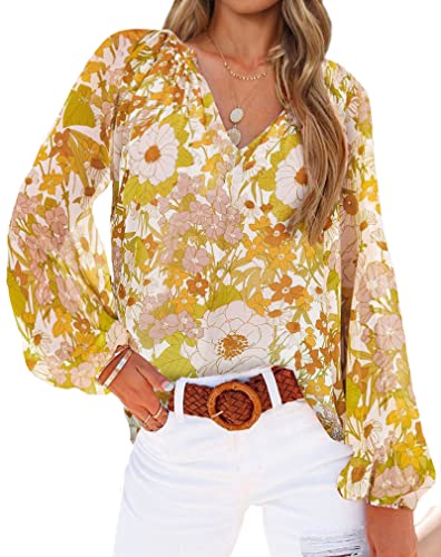Boho Floral Blouse: V-Neck, Long Puff Sleeves