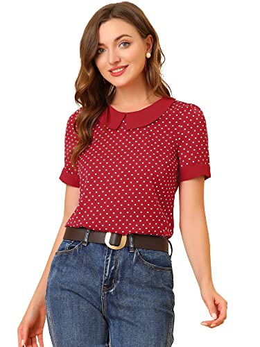 Allegra K Vintage Red Polka Dots Peter Pan Top