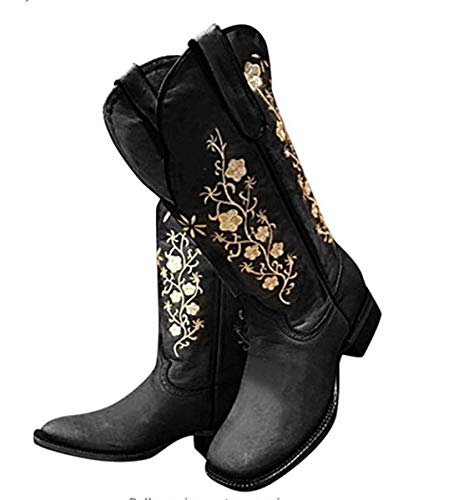 Butterfly Embroidered Retro Cowboy Boots - Women's Mid-Calf