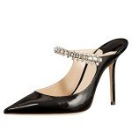 MIRAAZZURRA Women Heeled Mules Rhinestone Strappy Pointed Toe Mules Stiletto High Heels Slip On Bridal Sandals for Women 4 inches US Size 7.5 Black
