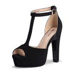 IDIFU Women's IN5 Polly Platform Chunky High Heels T-Strap Sexy Sandals Peep Toe Wedding Party Prom Dress Shoes for Women Bride (Black Nubuck, 9 M US)