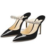 MIRAAZZURRA Women Heeled Mules Rhinestone Strappy Pointed Toe Mules Stiletto High Heels Slip On Bridal Sandals for Women 4 inches US Size 7.5 Black