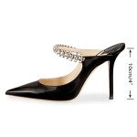 MIRAAZZURRA Women Heeled Mules Rhinestone Strappy Pointed Toe Mules Stiletto High Heels Slip On Bridal Sandals for Women 4 inches US Size 7.5 Black