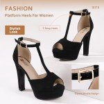 IDIFU Women's IN5 Polly Platform Chunky High Heels T-Strap Sexy Sandals Peep Toe Wedding Party Prom Dress Shoes for Women Bride (Black Nubuck, 9 M US)
