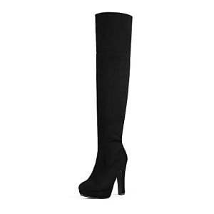 DREAM PAIRS Black Chunky Thigh High Heel Boots