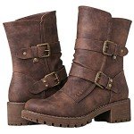 Women's Lace-Up Mid Calf Biker Boots - Brown