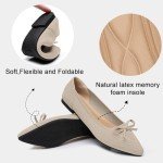 Beige Pointed Toe Bow Ballet Flats for Women