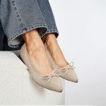 Beige Pointed Toe Bow Ballet Flats for Women