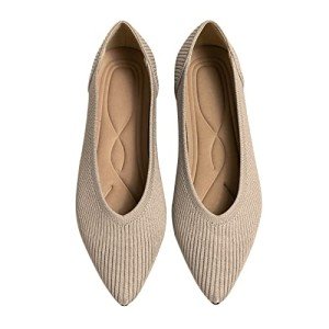 Beige Pointed Toe Knit Ballet Flats for Women