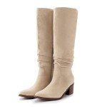 Knee High Chunky Heel Faux Suede Boots - Apricot