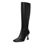 Black Leather Knee High Stiletto Boots for Women
