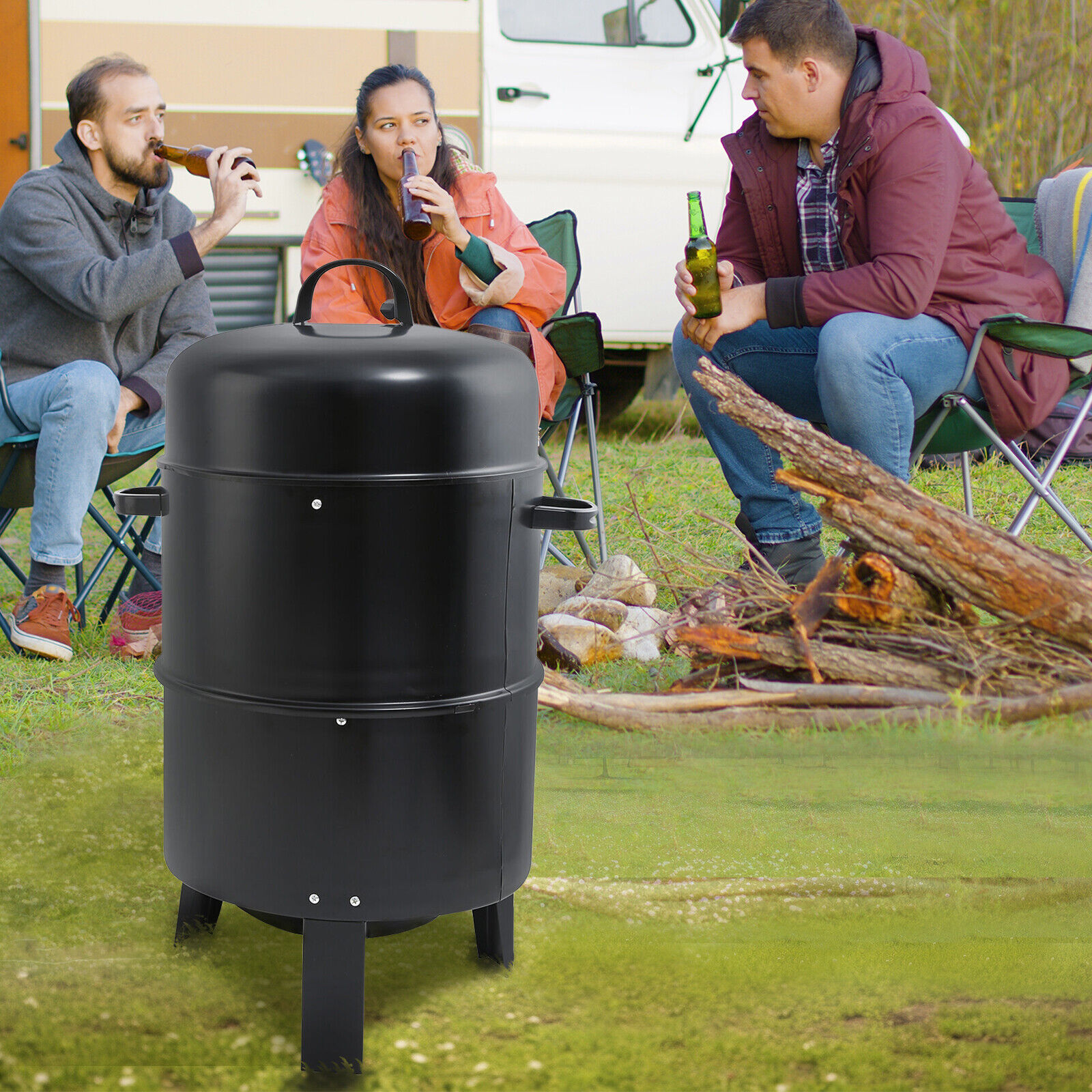 Large 3-in-1 Vertical BBQ Charcoal Smoker Cooker