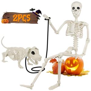 36'' Poseable Halloween Skeleton with Dog Decoration