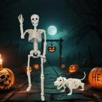 36'' Poseable Halloween Skeleton with Dog Decoration