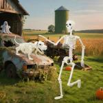 36'' Poseable Halloween Skeleton with Dog Decoration