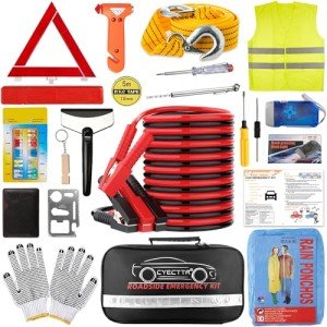 Car Roadside Emergency Kit with Jumper Cables & Tools