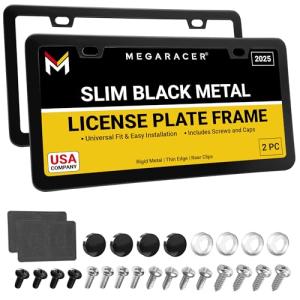 Premium Slim Matte Black License Plate Frames – 2 Pack, Rust-Free Stainless Steel & Rattle-Free, Street Legal, Universal with Screw Caps Cover, Thin Metal Front & Rear Car Tag Holders for Men & Women