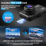 Dash Cam Front and Rear, Dash Camera for Cars WiFi/APP Control Dual Dashcam W/ 64GB Card, 2.5K Dash Cam Front+1080P Rear Car Camera W/Super Night Vision, Loop Recording, G-Sensor, Max Support 256GB