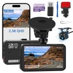 Dash Cam Front and Rear, Dash Camera for Cars WiFi/APP Control Dual Dashcam W/ 64GB Card, 2.5K Dash Cam Front+1080P Rear Car Camera W/Super Night Vision, Loop Recording, G-Sensor, Max Support 256GB