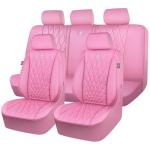 CAR PASS 5 Seats Piping Luxury Leather Seat Covers Full Set, Anti-Slip Waterproof Seat Covers Compatible with Front Armrests, Universal Fit for Suvs,Vans,Trucks,Airbag Compatible, Pure Pink