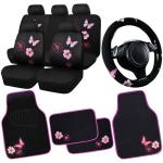 CAR PASS Universal Cloth Butterfly Car Seat Covers Full Set, Embroidered Flower Waterproof Car Floor Mats Carpet, Butterflies Steering Wheel Cover for Car Accessories Interior Sets (Black and Pink)