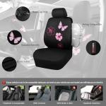 CAR PASS Universal Cloth Butterfly Car Seat Covers Full Set, Embroidered Flower Waterproof Car Floor Mats Carpet, Butterflies Steering Wheel Cover for Car Accessories Interior Sets (Black and Pink)