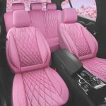 CAR PASS 5 Seats Piping Luxury Leather Seat Covers Full Set, Anti-Slip Waterproof Seat Covers Compatible with Front Armrests, Universal Fit for Suvs,Vans,Trucks,Airbag Compatible, Pure Pink