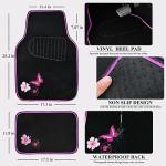 CAR PASS Universal Cloth Butterfly Car Seat Covers Full Set, Embroidered Flower Waterproof Car Floor Mats Carpet, Butterflies Steering Wheel Cover for Car Accessories Interior Sets (Black and Pink)