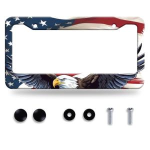 American Flag Eagle License Plate Frame Patriotic Eagle License Plate Colorful Stainless Steel Auto Parts Funny License Plate Decoration with Screws Size 12.3 "x 6.3"