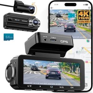 Dash Cam Front Rear 4K Built-in 5G WiFi GPS, Voice Control, 3.39 inch IPS Screen, Dual Dash Camera for Car Includes 64GB SD Card, Super Night Vision, 24H Parking Monitor, Supercapacitor, Type C, HDR