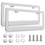 2 Pack Silver License Plate Frames, 2 Holes Rust-Proof Chrome License Plate Holder, Lengnoy Universal Car Stainless Steel Polish Mirror License Plate Cover for Women Man with Screws Caps