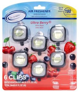 Air Jungles Ultra Berry Scent Car Air Freshener Clip, 6 Vent Clips, 4ml Each, Long Lasting Air Freshener, Up to 180 Days Car Refresher Odor Eliminator