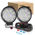 Nilight 2PCS 27W Round Flood Driving Lamp Waterproof Jeep Off Road Fog Lights with Off Road Wiring Harness- 2 Leads