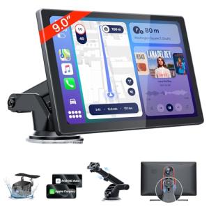 TECXERLLON 9'' HD Portable Carplay Screen for Car with 4K Dash Cam & 1080P Backup Camera DVR, Car Audio Receivers with Carplay & Android Auto Touch Screen, GPS Navigation, Mirror Link, Voice Control