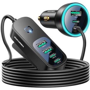 Rocoren 105W 6-Port Multiport Car Charger, PD Fast USB C Car Charger for Multiple Devices,Cigarette Lighter Adapter Car Travel Essentials for Road Trips with 5FT Cable,Car Accessories for iPhone 16/15