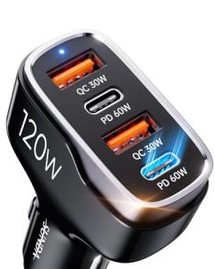 SUNDA 120W USB C Fast Car Charger, 4-Ports Car Charger Adapter, Dual Type C PD60W/PPS60W Compatible with iPhone16/15 Pro/Max/iPhone14/Galaxy/SamsungS24, Dual USB-A 30W QC3.0 for Android(Black)