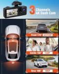 3 Channel Dash Cam,4K+1080P Dash Cam Front and Rear Inside, Dash Camera for Cars, Triple Car Camera with 32GB Card,Built-in G-Sensor, 2’’ IPS Display Car Camera,Loop Recording,24Hr Parking