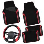 CAR PASS Leather Steering Wheel Cover and Waterproof Car Floor Mats,Microfiber Universal Car Combo Fit for 95% Sedan,SUV,Cars,14.5-15inch Sporty Anti-Slip Safety Comfortable Design(Black＆Red)