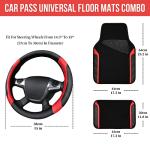 CAR PASS Leather Steering Wheel Cover and Waterproof Car Floor Mats,Microfiber Universal Car Combo Fit for 95% Sedan,SUV,Cars,14.5-15inch Sporty Anti-Slip Safety Comfortable Design(Black＆Red)
