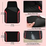 CAR PASS Leather Steering Wheel Cover and Waterproof Car Floor Mats,Microfiber Universal Car Combo Fit for 95% Sedan,SUV,Cars,14.5-15inch Sporty Anti-Slip Safety Comfortable Design(Black＆Red)