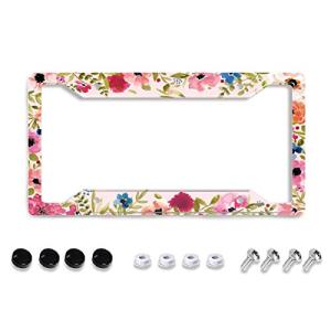 Personalized License Plate Frame Stainless Steels Artistic Flower Pink License Plate Car Tag Holder with 4 Holes and Screws for Women Men Auto Decoration for USA Canada Vehicles Standard (12"x6")