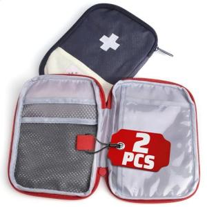 BURIUS 2 Pcs Travel First Aid Bag Empty Portable Storage - Small Medical Bag Empty with Multiple Compartments, 7.1 x 5.1 Small First Aid Pouch with Zipper Closure for Camping and Hiking, Blue and Red