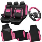 CAR PASS Universal Leather Pink Lace Car Seat Covers Full Set for Women Girls, Waterproof Car Floor Mats Carpet, Steering Wheel Cover for Car Accessories Interior Sets 10PCS Included