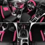 CAR PASS Universal Leather Pink Lace Car Seat Covers Full Set for Women Girls, Waterproof Car Floor Mats Carpet, Steering Wheel Cover for Car Accessories Interior Sets 10PCS Included