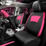 CAR PASS Universal Leather Pink Lace Car Seat Covers Full Set for Women Girls, Waterproof Car Floor Mats Carpet, Steering Wheel Cover for Car Accessories Interior Sets 10PCS Included