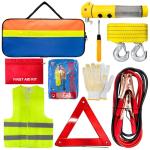 Socpuro Car Roadside Emergency Kit, Roadside Safety Tool Kit Assistance Bag with Jumper Cables, First Aid Kit, Tow Rope, Safety Hammer, Reflective Triangle for Car Vehicle Truck SUV