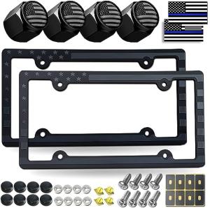 Black American Flag License Plate Frames- Patriotic USA Stars and Stripes Flag Plastic Car Tag Cover Holder with Mount Screws Caps for Truck/SUV, Auto Accessories for Veterans Military