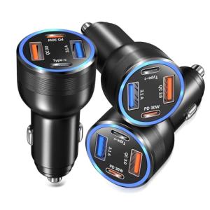 USB C Car Charger 3 Pack, Bangfun 4-Port 65W Dual 12V USB-C & USB A Car Charger Power Adapter QC+PD 3.0 Fast Charging Cigarette Lighter Plug for iPhone 16/15/14/13/11 Pro,Samsung S24,Android(Black)
