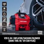 CRAFTSMAN 3-in-1 Tire Inflator, 160PSI Portable Air Compressor/Car Vacuum/Dust Blower, 20V Cordless & 12V Car Power, Air Pump with LED Light for Cars Trucks RV Tires (Battery Sold Separately)
