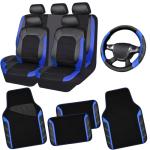 CAR PASS Air Mesh Leather Car Seat Covers Full Set,Waterproof Car Floor Mats, Sporty Steering Wheel Cover 14.5-15inch,Car Interior Sets Universal Fits for 95% Cars Truck SUV (Black and Blue)